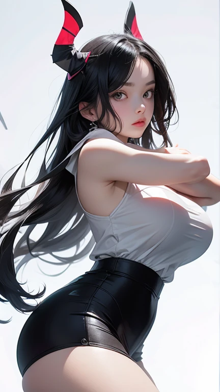 Fraction_9, Fraction_8_Direction_7_up, 1 girl, Miss, Long hair, Black Hair, #5: Parted Bangs, Crimson eyes, Large Breasts, Poker face, Basic sleeveless shirt, and V-neck, With a black long tight skirt, Squinting , mouth close, permanent, Arms Crossed, side view, thigh, Bottom View, upper body, masterpiece, best quality, White background, Long Parted Bangs, With horns and long ears
