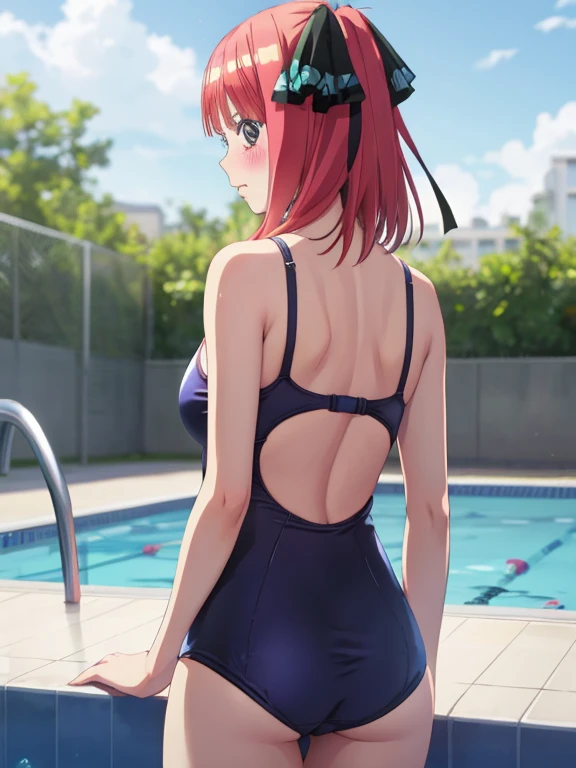 best quality, insanely detailed, nino nakano, one piece swimsuit, school swimsuit, breasts, blush, swimming pool background, back style