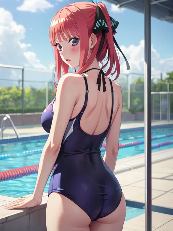 best quality, insanely detailed, nino nakano, one piece swimsuit, school swimsuit, breasts, blush, swimming pool background, back style