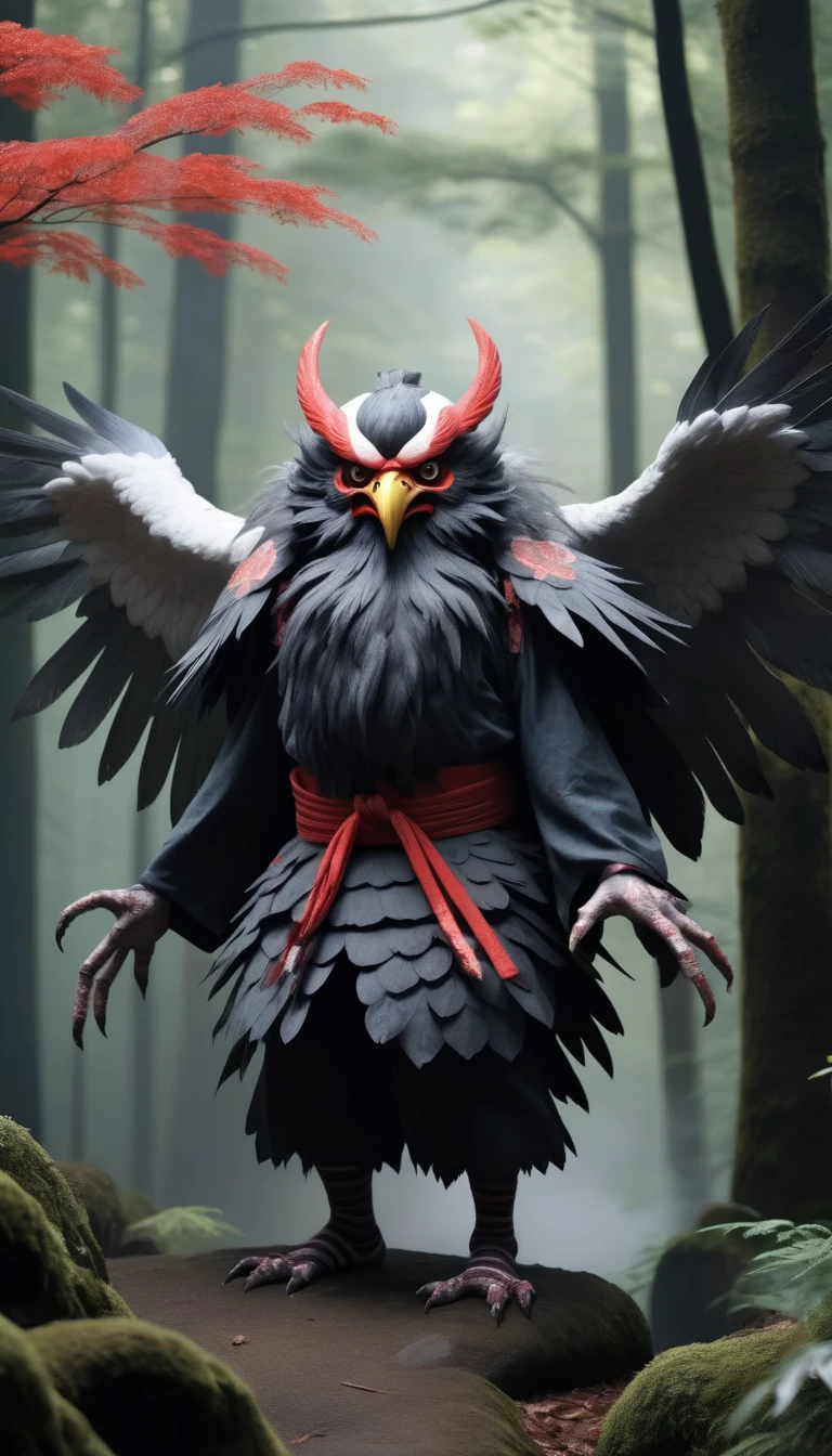 High resolution, Breathtakingly realistic images、Karasu Tengu, a traditional Japanese monster、in the forest