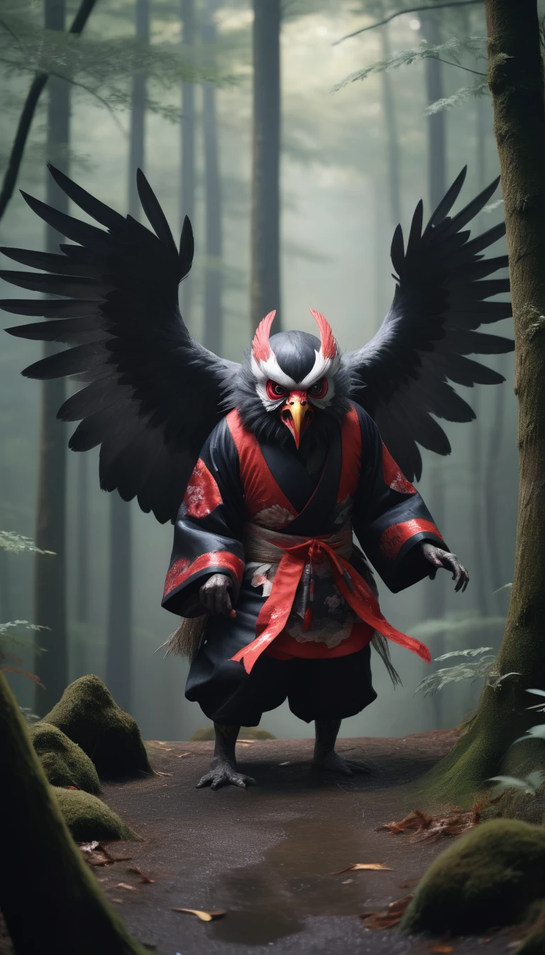 High resolution, Breathtakingly realistic images、Karasu Tengu, a traditional Japanese monster、in the forest