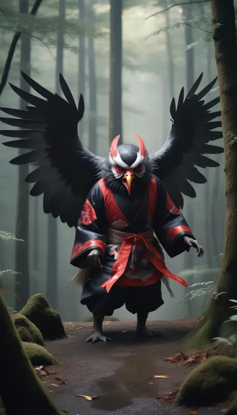 high resolution, breathtakingly realistic images、karasu tengu, a traditional japanese monster、in the forest