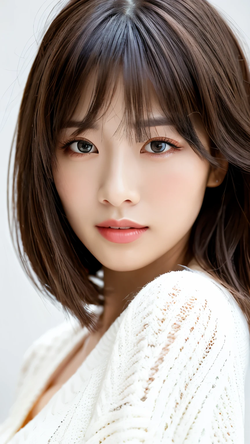 Woman looking this way、(highest quality, Portraiture)、Stylish, detailed background、4K、Real、Precision, bangs, bangs over eyes, (detailed eyes)