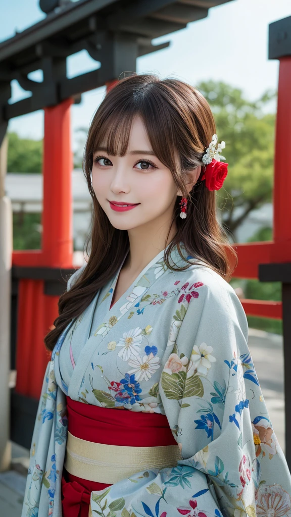 table top, highest quality, figure, Super detailed, finely, High resolution, 8k wallpaper, Perfect dynamic composition, detailed and beautiful eyes, colorful kimono,flower hair ornament,medium hair, middle of chest, Natural color lip, random sexy poses,smile,Shrine with red torii gate