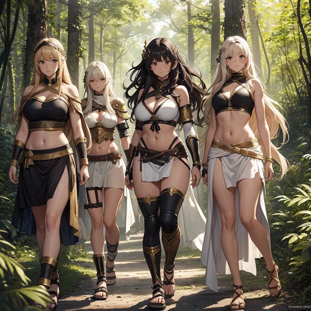 a group of greek warriors womans in togas , only girls , forest in the background , light armor , elbow pads, knee pads, shoulder pads, black armor , sandals , sexy, exposed belly, muscular girl, defined abdomen,stomach, multiple girls, looking at viewer , long hair, bare shoulders, outdoors, sandals