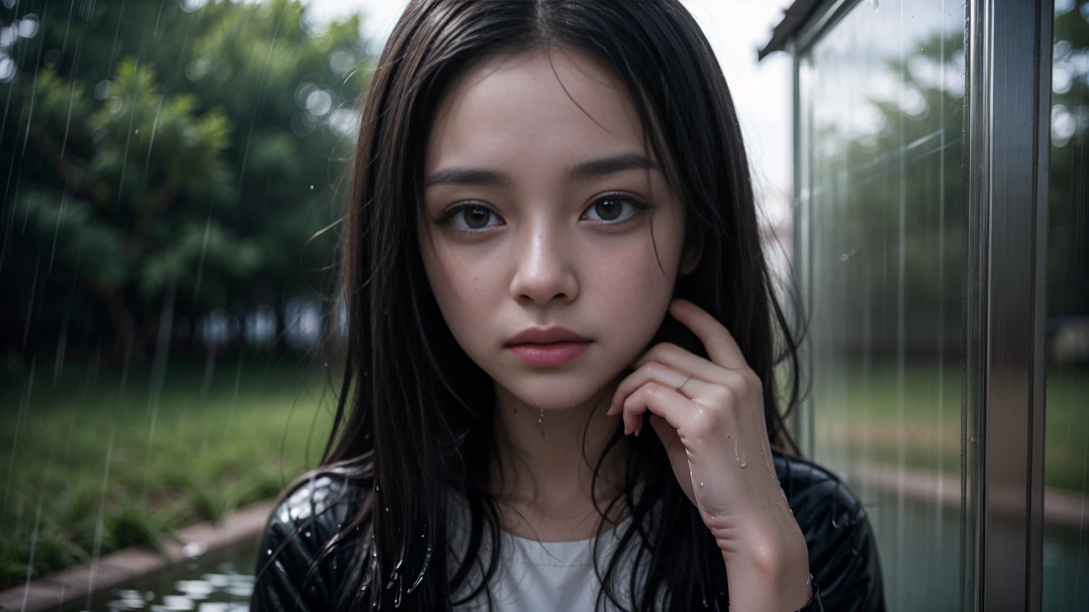 One girl, Long black hair, Uniform, shy, blush, Wet, rain, transparent, (masterpiece, Highest quality), Soft Light, Structure of the film, Cinematic Light