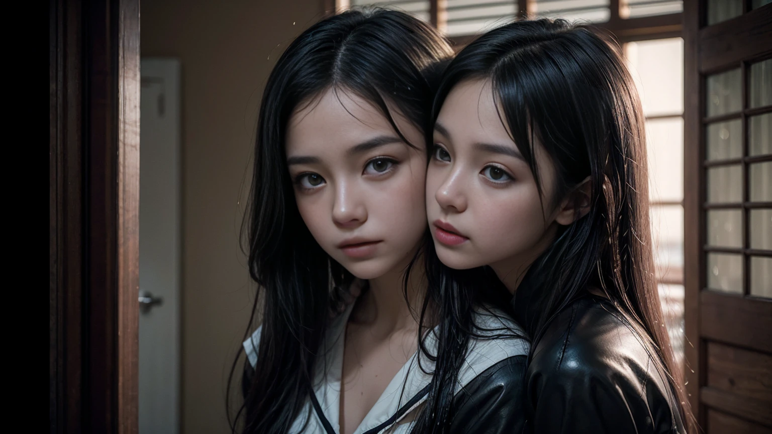 One girl, Long black hair, Uniform, shy, blush, Wet, rain, transparent, (masterpiece, Highest quality), Soft Light, Structure of the film, Cinematic Light