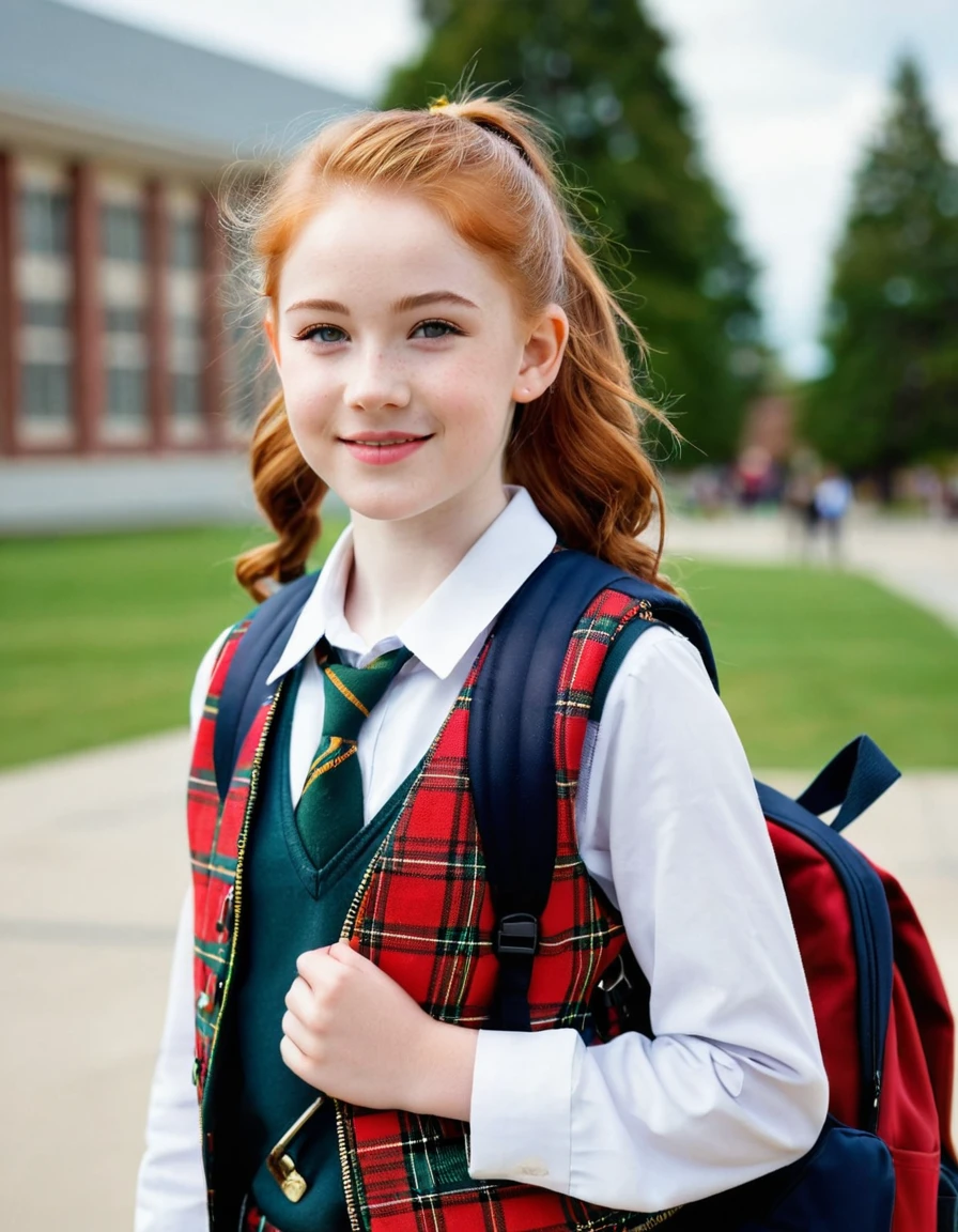 photography full body portrait of very beautiful realistic girl, -yeld, sting in front of a high school, carrying backpack, wear fancy uniform with royal Stewart tartan vest, porcelain skin, very fair skin, very pale skin, redhead, wavy, ponytail, detail skin texture, hazel eyes, slanted eyes, small nose, small nostril, think curved eyebrow, thick bottom lip, seductive gaze, happy face, unique face, detail photo, realistic photo, master piece picture, sharp picture, outdoor clear daylight 