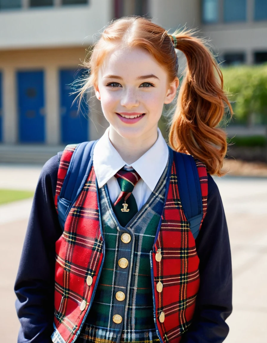 photography full body portrait of very beautiful realistic girl, -yeld, sting in front of a high school, carrying backpack, wear fancy uniform with royal Stewart tartan vest, porcelain skin, very fair skin, very pale skin, redhead, wavy, ponytail, detail skin texture, hazel eyes, slanted eyes, small nose, small nostril, think curved eyebrow, thick bottom lip, seductive gaze, happy face, unique face, detail photo, realistic photo, master piece picture, sharp picture, outdoor clear daylight