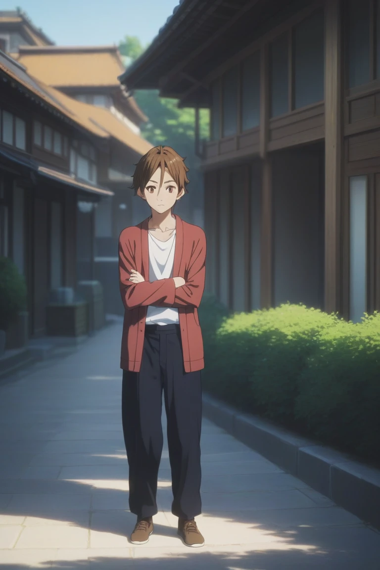 score_9, score_8_up, score_7_up, source_anime, rating_safe, , semi-realistic, , depth of field, 1boy, solo, male focus, mochizou_ooji, brown hair, brown eyes, from afar, full body, town, japanese architecture, dawn, arms under breasts, smirk, , 