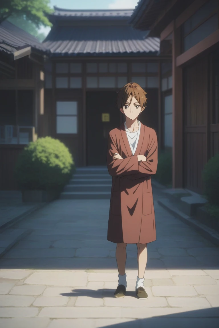 score_9, score_8_up, score_7_up, source_anime, rating_safe, , semi-realistic, , depth of field, 1boy, solo, male focus, mochizou_ooji, brown hair, brown eyes, from afar, full body, town, japanese architecture, dawn, arms under breasts, smirk, , 