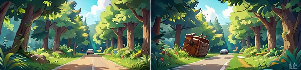 Masterpiece, cartoon style, sky and a huge forest, with a road in the middle of the picture and a beautiful treasure chest on the road, without animals or anything else