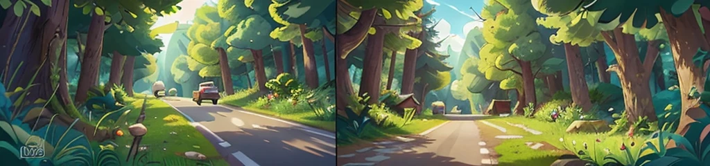 Masterpiece, cartoon style, sky and a huge forest, with a road in the middle of the picture and a beautiful treasure chest on the road, without animals or anything else