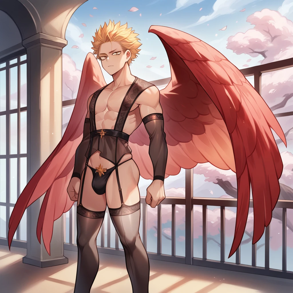 only, gay blonde boy, slicked back hair, two front strands, gold eyes, red bird wings on its back, fine ranges, delicate, submissive, small waist, curves thighs, Clothes: lingerie, transparent short robe, black panties, dark stockings above the knees, scenery: room illuminated by large windows, encima de un futón submissive, dark cherry blossoms, Hawks, Boku no hero academia