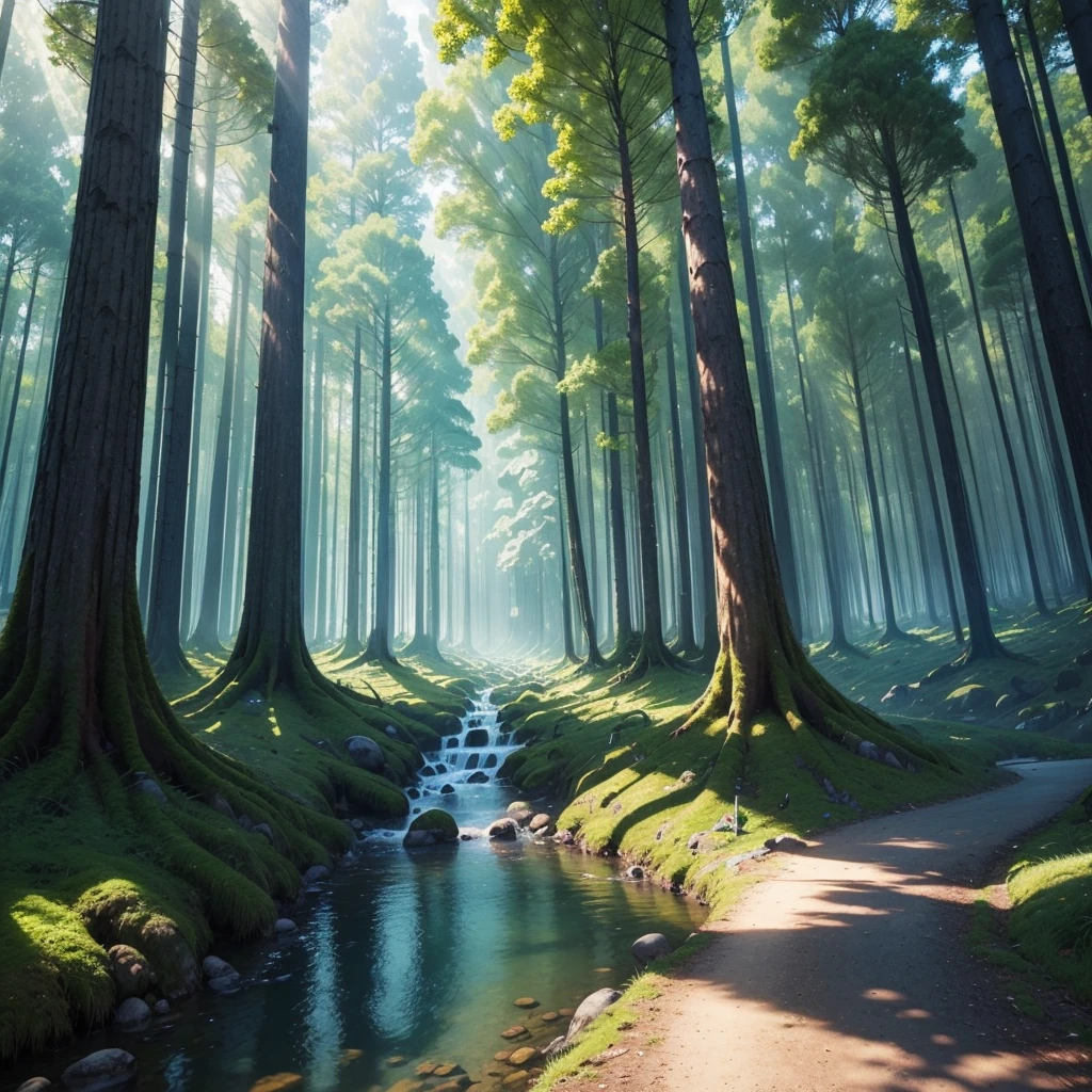 mysteriousな超巨大なトンネルの中に森がある,Giant Tree Forest,There is a huge tree,There is a road in the middle of the forest,Different world,The sunlight from the sun shines on the earth,Colorful,Best Quality,8K,mysterious,Multidimensional,High Dimension,Fantasy,Different space,There are many different creatures,heaven,Paradise,Nature,romantic,A world beyond imagination,Dream world,universe,Huge river,masterpiece,最高masterpiece,perfection,