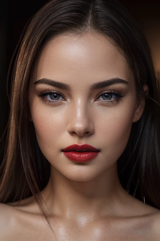 a beautiful woman with lush red lips, plump mouth, water droplets on lips, close-up portrait, (best quality,4k,8k,highres,masterpiece:1.2),ultra-detailed,(realistic,photorealistic,photo-realistic:1.37),macro shot, soft lighting, cinematic, dramatic, extremely detailed eyes and face, longeyelashes, porcelain skin, glossy lips