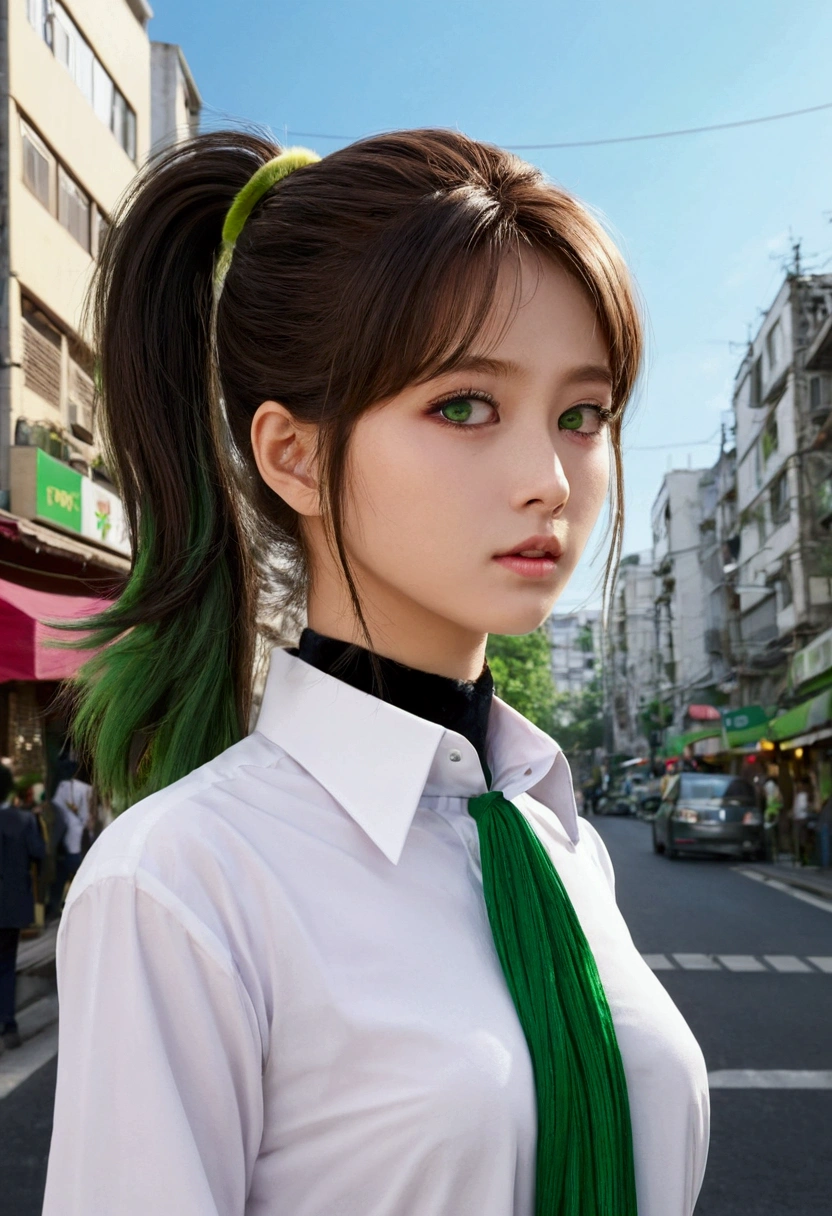 Masterpiece , Best Quality,Nahida(genshino impact), 1 girl , White shirt:1.5 ,Side ponytail ,by white ,multicolor fur, green eyes,casual outfit , has , black choker, if , green fur,busy street , life in the city 