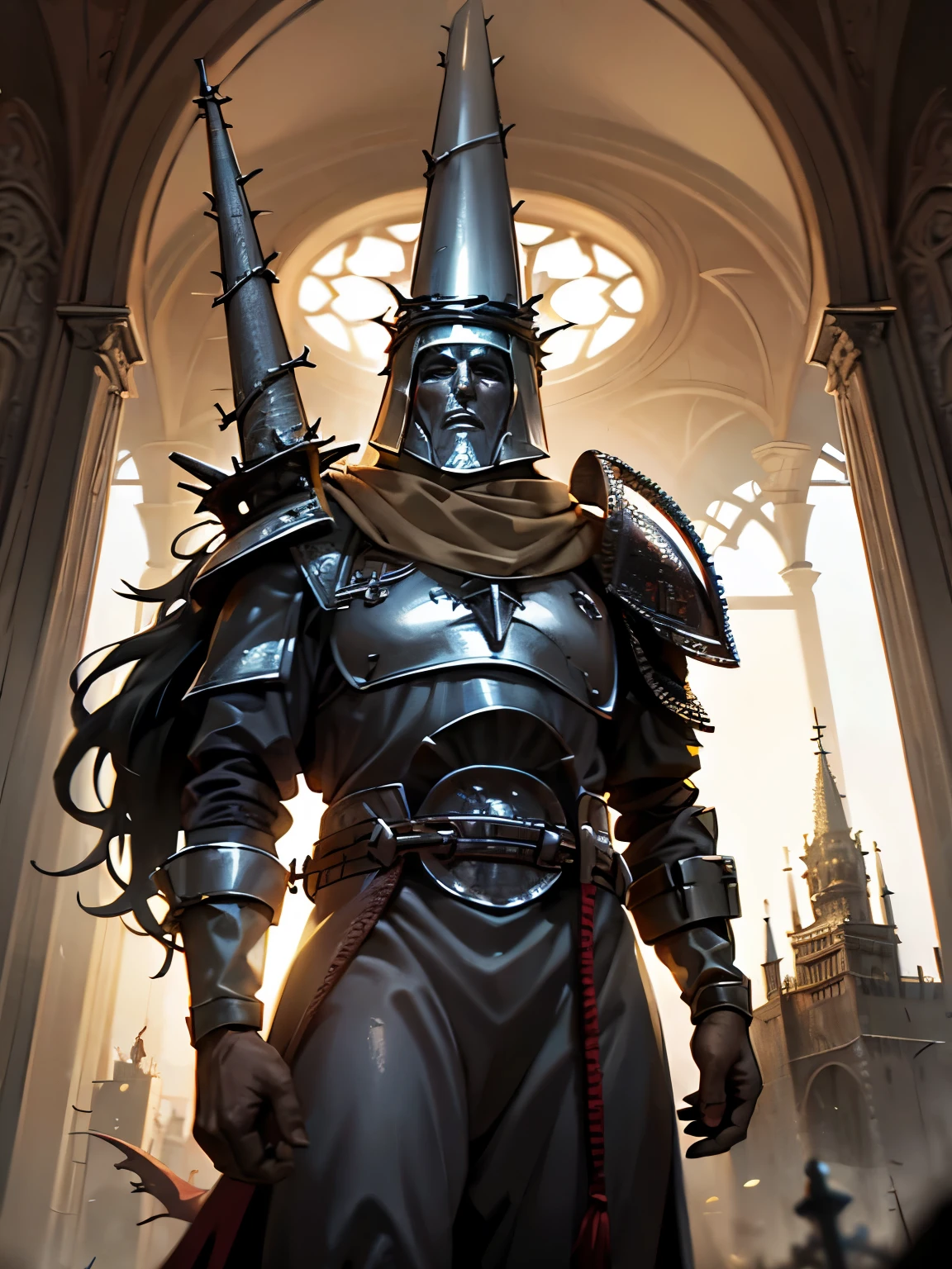 ((Blasphemous)), ((The penitent)), game character, a closeup of a man wearing a helmet and armor standing in front of a castle, anor londo, holy crusader medieval, Guildwar Illustrations, holy crusader, Warhammer fantasy art, photo of a clergyman, undead knight, medieval fantasy game art, I see the Carpathians, Blasphemous, holy crusader medieval knight, holy crusader medieval