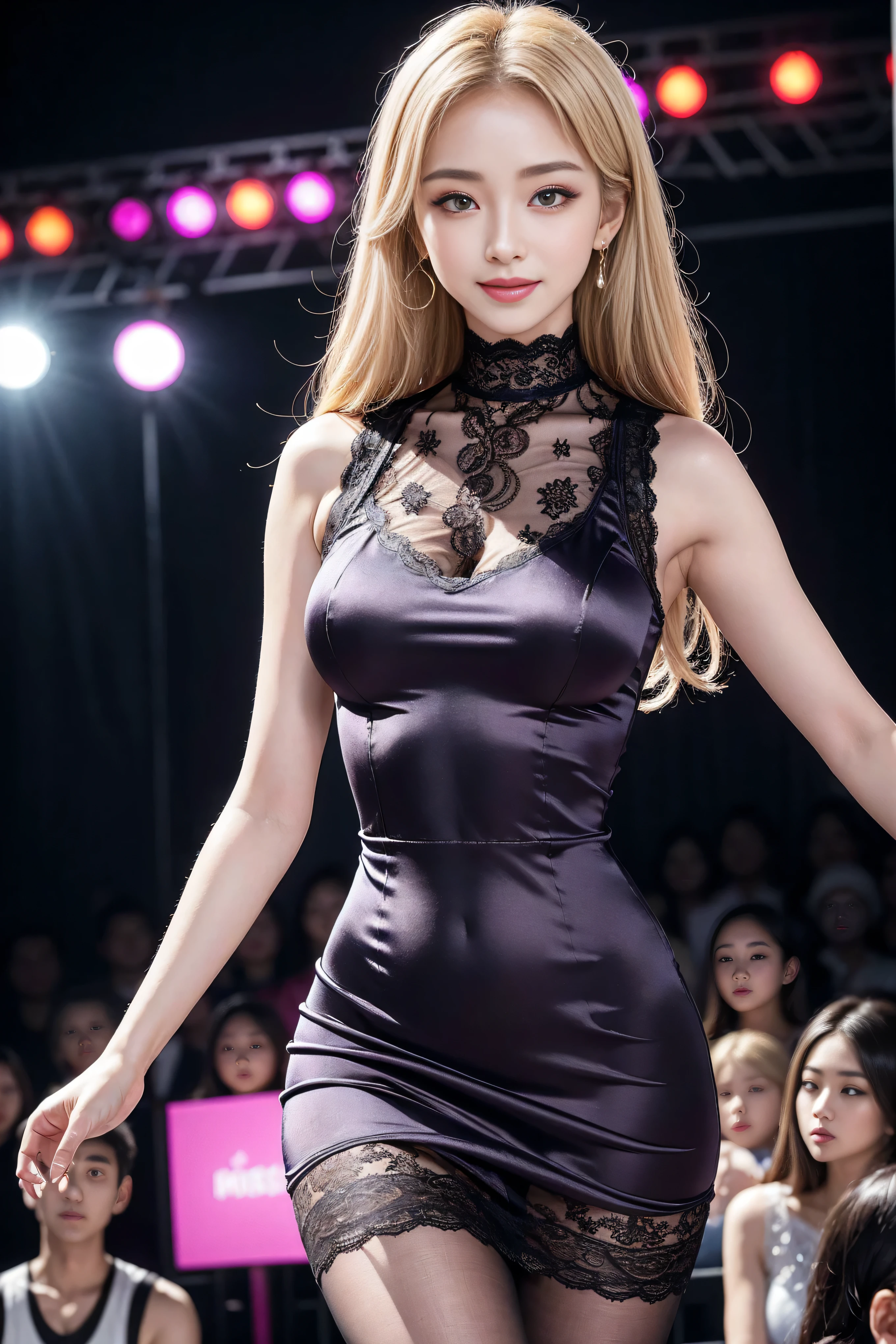 8K, masterpiece, original photo, best quality, lifelike, Extremely detailed CG unified 8k wallpaper, Depth of Field, Light, Lens Light Halo, Light line tracing, (Extremely beautiful face, Beautiful lips, beautiful eyes), Delicate face, ((Super delicate skin)) 1 girl, in the darkness, Deep Shadows, Beautiful Korean girl, Korean Idol, 2 girls, (Very slim slender fit-muscled body:1.3), ((Looking at the audience)),(A bright smile:1.3), (Hot Pink Shirt), (sleeveless) , (Fashion City Night, Night, (Neon), (Blurred background), fashion street night scene),(No people in the background:1.3), Beautiful earrings, bracelet, necklace, Pantyhose, Clear eyes, Walk, (Pale skin), (big eyes), Facing forward, ((Upper body shooting)), ((Dress in silk color:1.3)),(bionde),((tight fitting Lace dress)), (Lace dress), (see through), (Looking at the audience:1.3) Open your heart, Very slim, Medium breasts, Looking Back,((horizontal)), see through, Medium butt