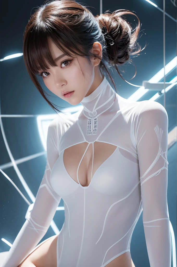 Ultra-realistic live-action、Drawing beautiful Japanese characters。The character wears a futuristic white sheer bodysuit.、Detailed decoration and wiring。She turned to the side、Looking at the camera。The background is simple, bright, and plain white.、Highlights the character。The pose is natural、The fusion of character elegance and technology is emphasized.。The technique of illustration、It features detailed depictions with a good balance of light and shadow.、The texture of the skin and the details of the equipment are particularly detailed.。The overall feel is clean and futuristic.、The composition highlights the character's beauty and innovative spirit.。