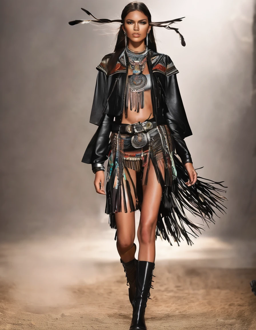 
**Metal Tribal Style**

**outfit:**
- **pants**: black, leather with metallic patches and embroidery of tribal patterns. Hanging chains details.
- **Top**: short, leather or cotton, with indigenous embroidery details on the neckline and sleeves.
- **Jacket**: black leather, with fringe details and tribal embroidery on the back and shoulders.

**accessories:**
- **Necklaces**: Leather and metal, with stone and feather pendants. Thick chains with charms.
- **BRACELET**: Wide leather shoes with metallic and embroidered details.
- **belts**: Made of leather decorated with large buckles and tribal details.

**shoes:**
- **Boots**: Leather high heels with metal buckles and thick laces.

**make-up:**
- **Eyes**: Smoked with dark tones and golden details, with thick outline.
- **lips**: In red or burgundy tones, with matte finish.

**Additional details:**
- **Layers**: short, made of light fabric with tribal embroidery details and fringes.
- **Played**: Of feathers and beads, with leather straps, integrated into the hair