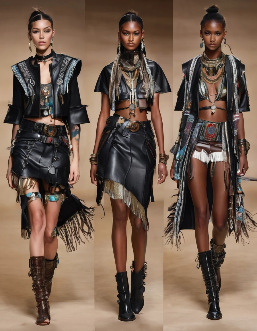 **Metal Tribal Style**
**outfit:**
- **pants**: black, leather with metallic patches and embroidery of tribal patterns. Hanging chains details.
- **Top**: short, leather or cotton, with indigenous embroidery details on the neckline and sleeves.
- **Jacket**: black leather, with fringe details and tribal embroidery on the back and shoulders.
**accessories:**
- **Necklaces**: Leather and metal, with stone and feather pendants. Thick chains with charms.
- **BRACELET**: Wide leather shoes with metallic and embroidered details.
- **belts**: Made of leather decorated with large buckles and tribal details.
**shoes:**
- **Boots**: Leather high heels with metal buckles and thick laces.
**make-up:**
- **Eyes**: Smoked with dark tones and golden details, with thick outline.
- **lips**: In red or burgundy tones, with matte finish.
**Additional details:**
- **Layers**: short, made of light fabric with tribal embroidery details and fringes.
- **Played**: Of feathers and beads, with leather straps, integrated into the hair