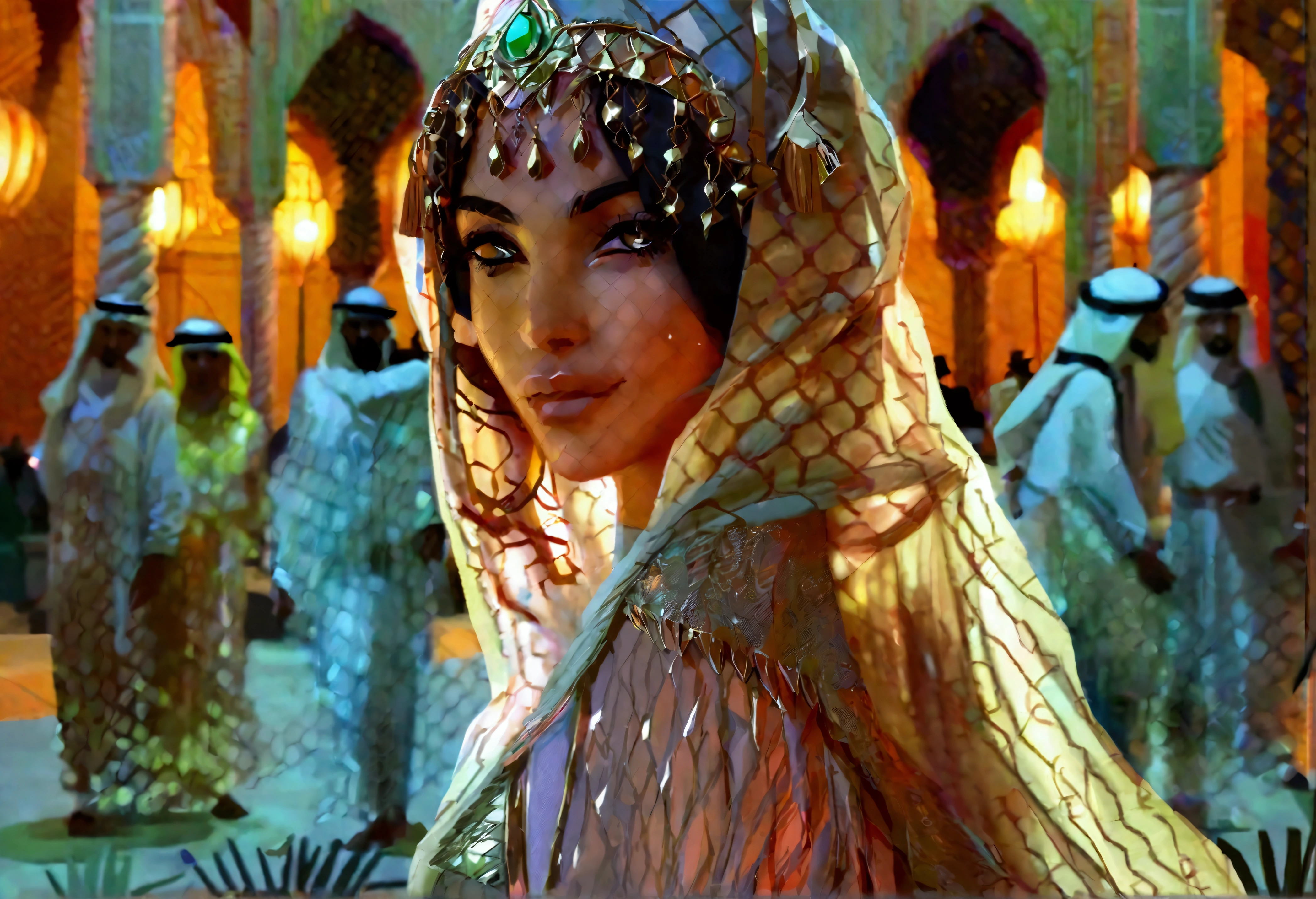 Arabian woman (top model, age 25, many fine layers of airy sheer fabric, Arabian princess) walking through the desert at night. Bodyguards flank her