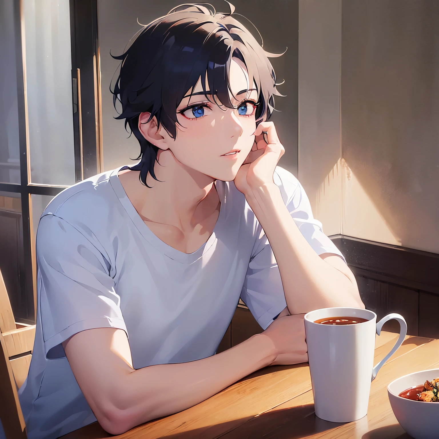 (looking away:1.5),upper body、 stroking own chin,profile、
shiny skin, masterpiece、Highest quality、(25-year-old male:1.5) and (Black short hair) and (blue eyes)
(white) and (T-Shirts),汗
thinking、The background is the dining room at night、(Alone:1.5)