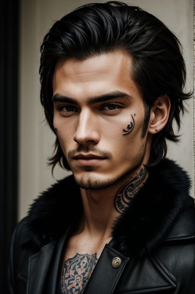 photograph of a man, elegant 20 years old, Perfect face, Masterpiece, long black fur, Jacket, black eye tattoos, flores