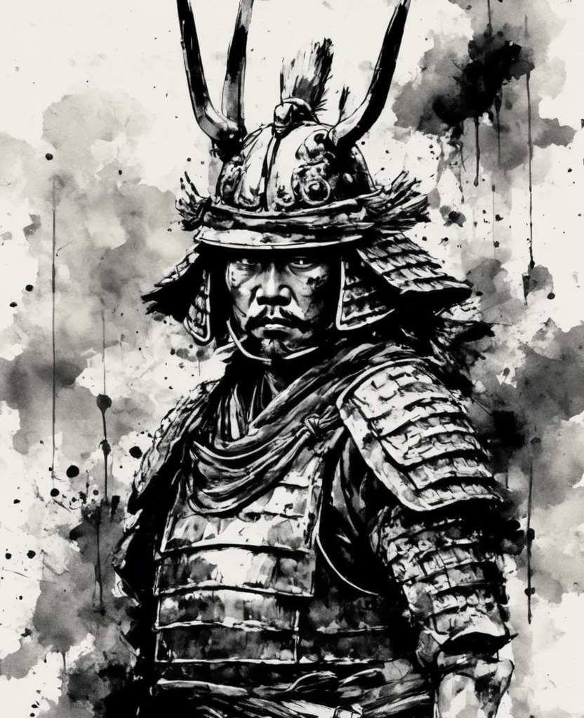 A Japanese warrior wearing armor in black and white in ink painting style