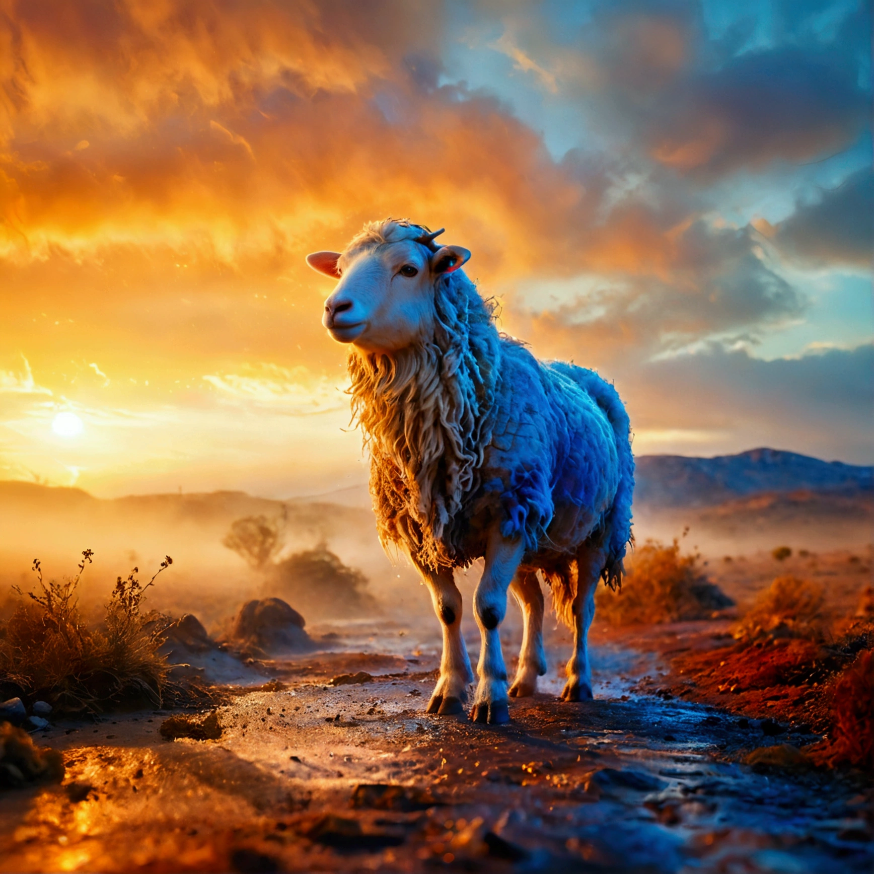 Jesus Christ standing in the desert tending his sheep, gazing at the horizon. He wears a white tunic with a golden sash at his waist.. His face has an expression of peace and wisdom. The wind swings her long light brown hair. The sky at dusk is orange and purplish tones. The setting conveys tranquility and connection with nature. It is photographed with soft focus, vibrant colors and depth., Thick fog on the ground, Blue light no horizon, unreal motor 5, cinematographic, Low-angle photography, motion-blur, Depth of field, dust, Cobblestones and dirt. Arte Splash, dripping paint. Perfect color classification. Influenced by karel Appel and jeremy mann, full of dramatic and threatening scenes, 超detailded, comely, insane details, details Intricate, Editorial Photography, Photographed with a 50mm lens, Depth of field, Tilt Blur, shutter-speed 1/1000, f/22. light maps, super bright