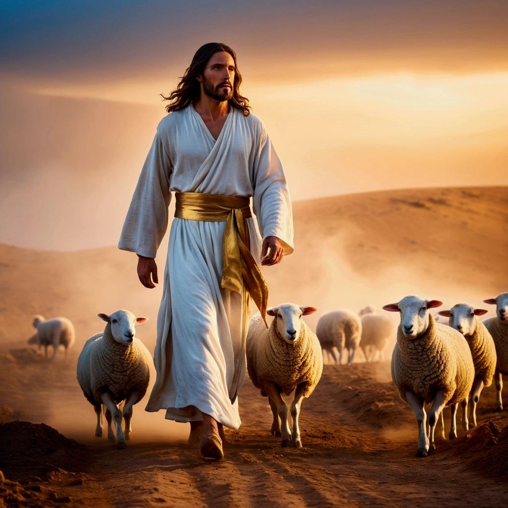 Jesus Christ standing in the desert tending his sheep, gazing at the horizon. He wears a white tunic with a golden sash at his waist.. His face has an expression of peace and wisdom. The wind swings her long light brown hair. The sky at dusk is orange and purplish tones. The setting conveys tranquility and connection with nature. It is photographed with soft focus, vibrant colors and depth., Thick fog on the ground, Blue light no horizon, unreal motor 5, cinematographic, Low-angle photography, motion-blur, Depth of field, dust, Cobblestones and dirt. Arte Splash, dripping paint. Perfect color classification. Influenced by karel Appel and jeremy mann, full of dramatic and threatening scenes, 超detailded, comely, insane details, details Intricate, Editorial Photography, Photographed with a 50mm lens, Depth of field, Tilt Blur, shutter-speed 1/1000, f/22. light maps, super bright