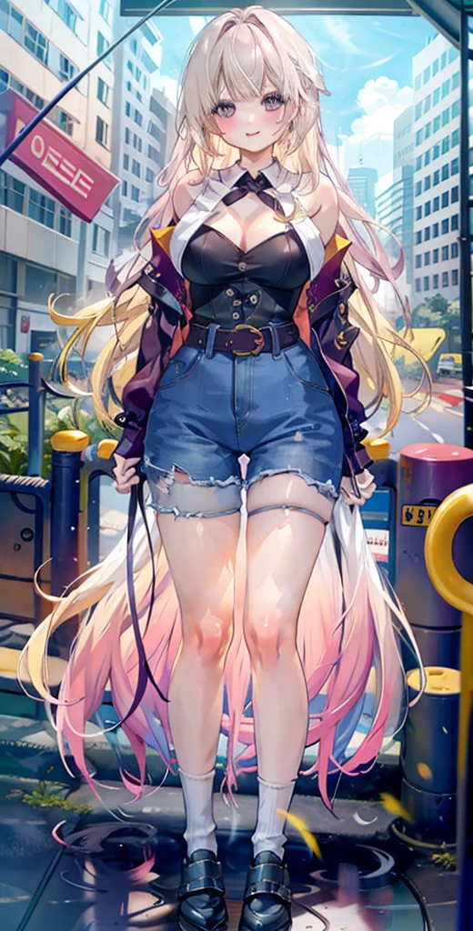 girl，Large Breasts，long hair，Topless，Bow，Blonde hair, Purple Eyes, Long hair, Large Breasts,  Socks, Clive Arch, belt, Short jeans pants,, permanent, Looking at the audience, city road, outdoor, modercity road, blush, Shy, Smile, Show your teeth, Sexy pose, shorts, jacket, Bare shoulders.