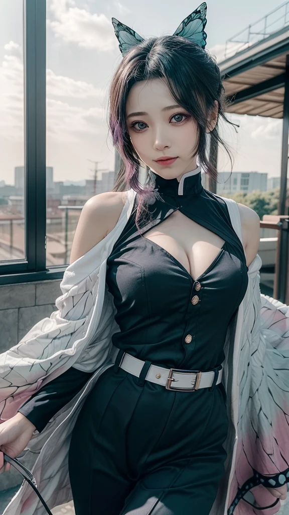 Ultra-realistic 8K CG,tmasterpiece,((Ultra detailed backgrounds,delicate patterns,Complicated details)),Best quality at best,very vey very detailed face,very detailed eyes and faces,Very detailed eyes,Kochou Shinobu,O cabelo multicolorido,No bangs,hair intakes,Purple eye,Forehead,Black shirt,Black pantsuit,haori,butterflys,Button,obi strip,(trpical garden:1.2),purple flower,tchibi,mostly cloudy sky,rays of sunshine,Tyndall effect,Gradient_sky,the face,beautiful sky,Saber on the waist,captivating posture,(Large breasts),(cleavage),(Off-the-shoulder attire:1.3)
