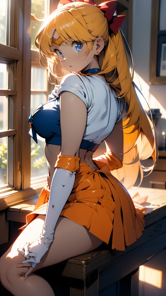 (Masterpiece, Best Quality ) (sailor venus), rubio, SV1, Marine Senshi in uniform, Orange Skirt, elbow gloves, orange sailor collar, red bow, orange choker, white gloves, jewelry, Blue eyes, visible navel, under the chest, sitting on a windowsill in a black bra and cuffs, wrapped in leather straps, leather cuffs around the wrists, content, harnesses and garters, handcuffed, wifes, dominant pose, sexy dominant pose, (((from behind)))