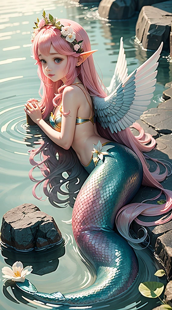 cute little Mermaid, mermaid,Big angel wings, big wings, lower body is a fish, angel wings, pink gradient long hair, pointed ears, flower crown, leaves