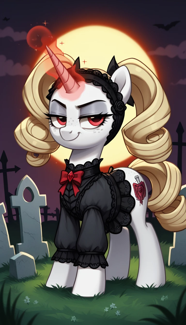 score_9,score_8_up,score_7_up,score_6_up, female, unicorn, white fur, curly blonde hair, twintails, freckles, red eyes, Gothic pony, lolita fashion, glowing backlight, fashion show, graveyard scene, glitter, whimsical, enchanted, magical, fantasy art concept, intricate details, insane smug smile, glowing horn, 