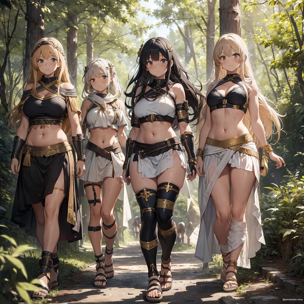 a group of greek warriors womans in togas , only girls , forest in the background , light armor , elbow pads, knee pads, shoulder pads, black armor , sandals , sexy, exposed belly, muscular girl, defined abdomen,stomach, multiple girls, looking at viewer , long hair, bare shoulders, outdoors, sandals
