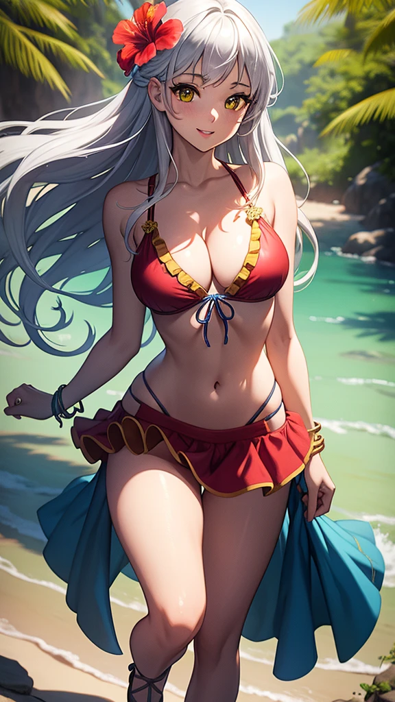 masterpiece, best quality, 1 solo girl, silver hair, yellow eyes, long hair, medium breasts, sexy body and face, wavy hair, smile, parted lips, bikini, red bikini skirt, navel, sandals, cleavage, collarbone, bare shoulders, jewelry, bracelet, blue scarf, ribbon, hibiscus, frills, sleeveless, hair flower, toeless footwear, outdoors, summer, sexy pose, cowboy shots, detailed body, face, and eyes, sharp focus, vibrant, creative, dynamic, high definition, high resolution, 8k, (Upscale: R-ESRGAN 4x+ Anime6mage enchance:4x), voluptuous body, cinema lightning, dakimakura style, looking at the viewer,