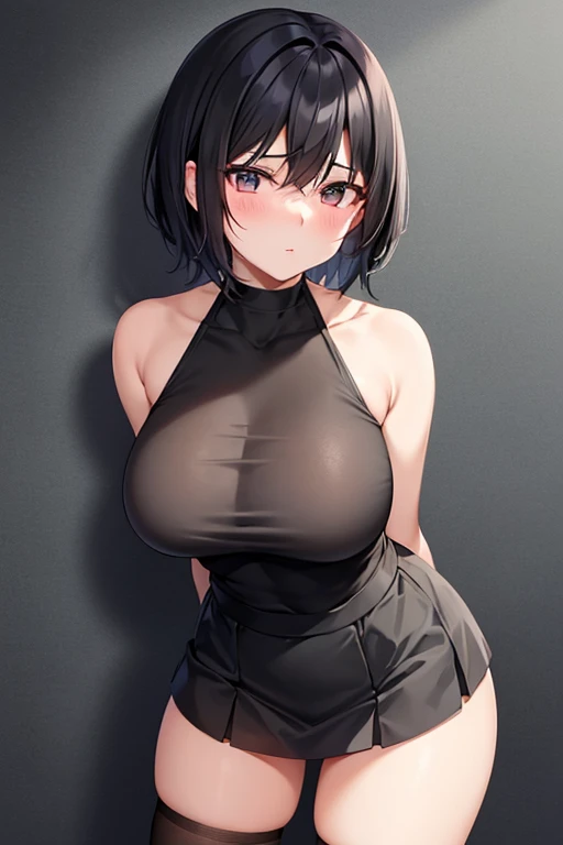 An anime girl with black and somewhat short hair, at shoulder height, wearing a short skirt and a tight tank top, highlighting your breasts. She has a blush on her face from embarrassment, has a provocative look. She's pretty sexy.