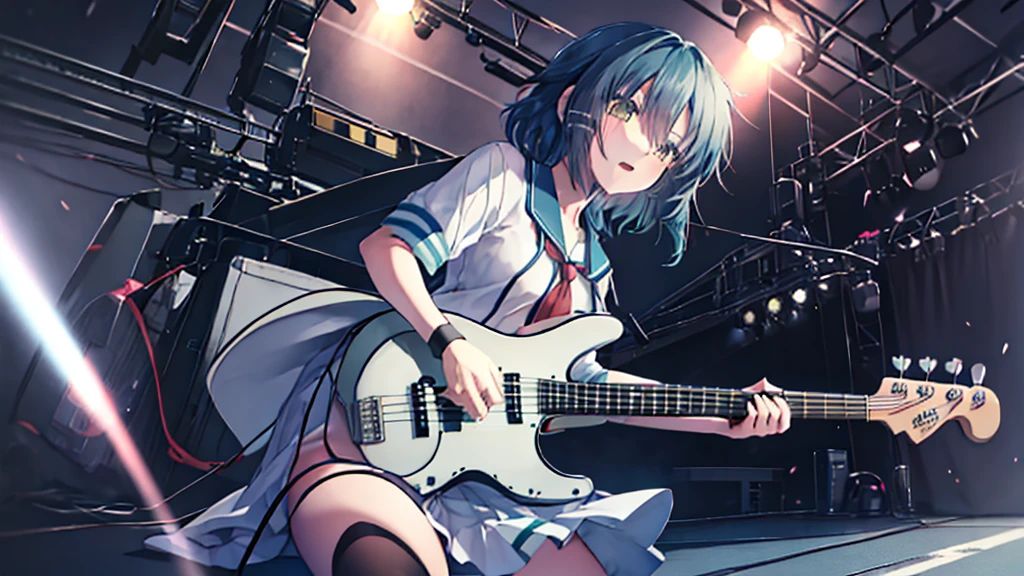 <High precision><high resolution>girl(Cool)(Be cool),Guitar vocals,Black mini skirt,short cut and ponytail,Music Stage,Sing passionately,Heat,Kiso Kai Ni(Fleet Collection),Ryo Yamada