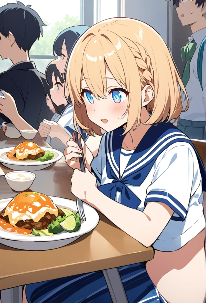 You are a professional illustrator。Please carefully check and draw the illustration according to the following conditions.。High school students enjoying their lunch in a crowded cafeteria、Delicate and beautiful anime face、Clear Eyes、Sailor suit、Braided short hair、