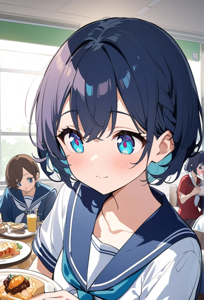 You are a professional illustrator。Please carefully check and draw the illustration according to the following conditions.。High school students enjoying their lunch in a crowded cafeteria、Delicate and beautiful anime face、Clear Eyes、Sailor suit、Braided short hair、