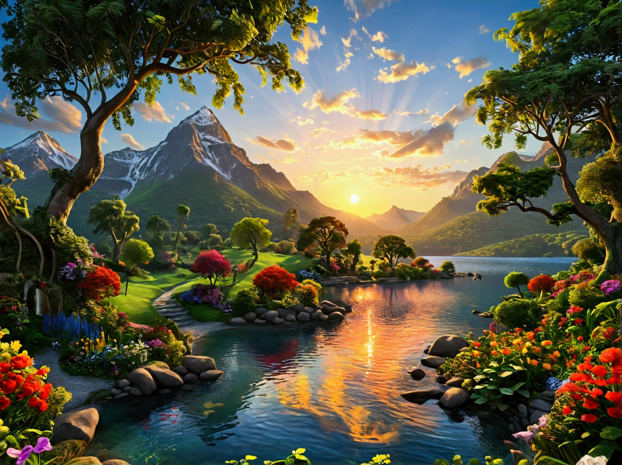 vibrant colors, The Garden of Eden, beautiful perfection, in perceivable beauty, the first place on earth, heaven on earth, eve, lake, mountains