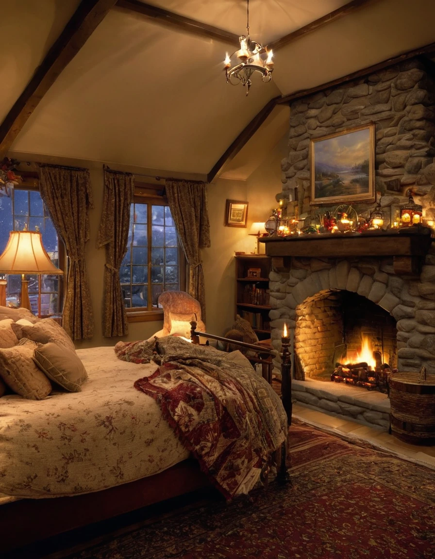arafed bedroom with a fireplace and a bed with a blanket, thomas kinkade. cute cozy room, cozy and calm, cozy setting, very cozy, cozy wallpaper, cozy room, cozy place, cozy and peaceful atmosphere, cosy enchanted scene, cozy candlelight, cozy environment, cozy bed, soothing and cozy landscape, cozy atmosphere, cosy fireplace