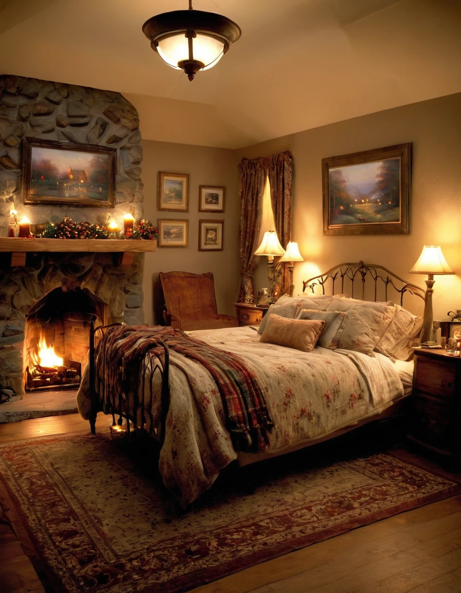 arafed bedroom with a fireplace and a bed with a blanket, thomas kinkade. cute cozy room, cozy and calm, cozy setting, very cozy, cozy wallpaper, cozy room, cozy place, cozy and peaceful atmosphere, cosy enchanted scene, cozy candlelight, cozy environment, cozy bed, soothing and cozy landscape, cozy atmosphere, cosy fireplace