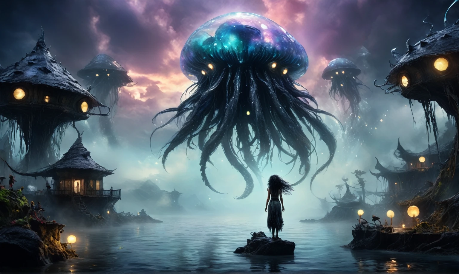 view from height,full-body-shot,obsidian The Alien Entity Moana, sassiness temper,natural jellyfish's skin textures, hyper realisitc, hyper detailed,Extremely detailed,High contrast, ,Realistic,Ultra Detailed,intricate details,realistic humid skin,extremely intricate,Epic Realistic, Romantic, cinematic style,irina yermolova, messy hair,orc's village of fishers,full body length,mother-of-marble,ominous landscape,floating islands on background in dangerous atmosphere,sunset, a Tim Burton-inspired dreamscape,Bun Hair,(Folk clothes:1.5),full body length,niobium goblin,native africa xenomorph,once pretty face,eyebrow up,full body shot,ominous landscape,niobium gray atmosphere,photo,photorealism,Masterpiece,hyper natural skin textures, hyper realism,hyper detailed,High contrast,Realism,Ultra Detailed,irina yermolova,close full body shot,32K resolution,Nikon Z9, ,demonic, fog, smoke, audience, mist, featuring ultra-realistic and hyper-realistic elements, Marta Bevacqua, Ellen Jewett, Kawacy, Katsuya Terada, Carne Griffiths,concert lighting, bokeh, luminal space that feels both bright and surreal. Includes liquid fluid elements for added depth and movement. Rendered in an unreal engine and post-processed to achieve . Evokes a sense of dreamy, ethereal and mystical mood,horror pixar movie still,thriller disney movie ,pixar render, animated ,suicide,psychiatric clinic insane