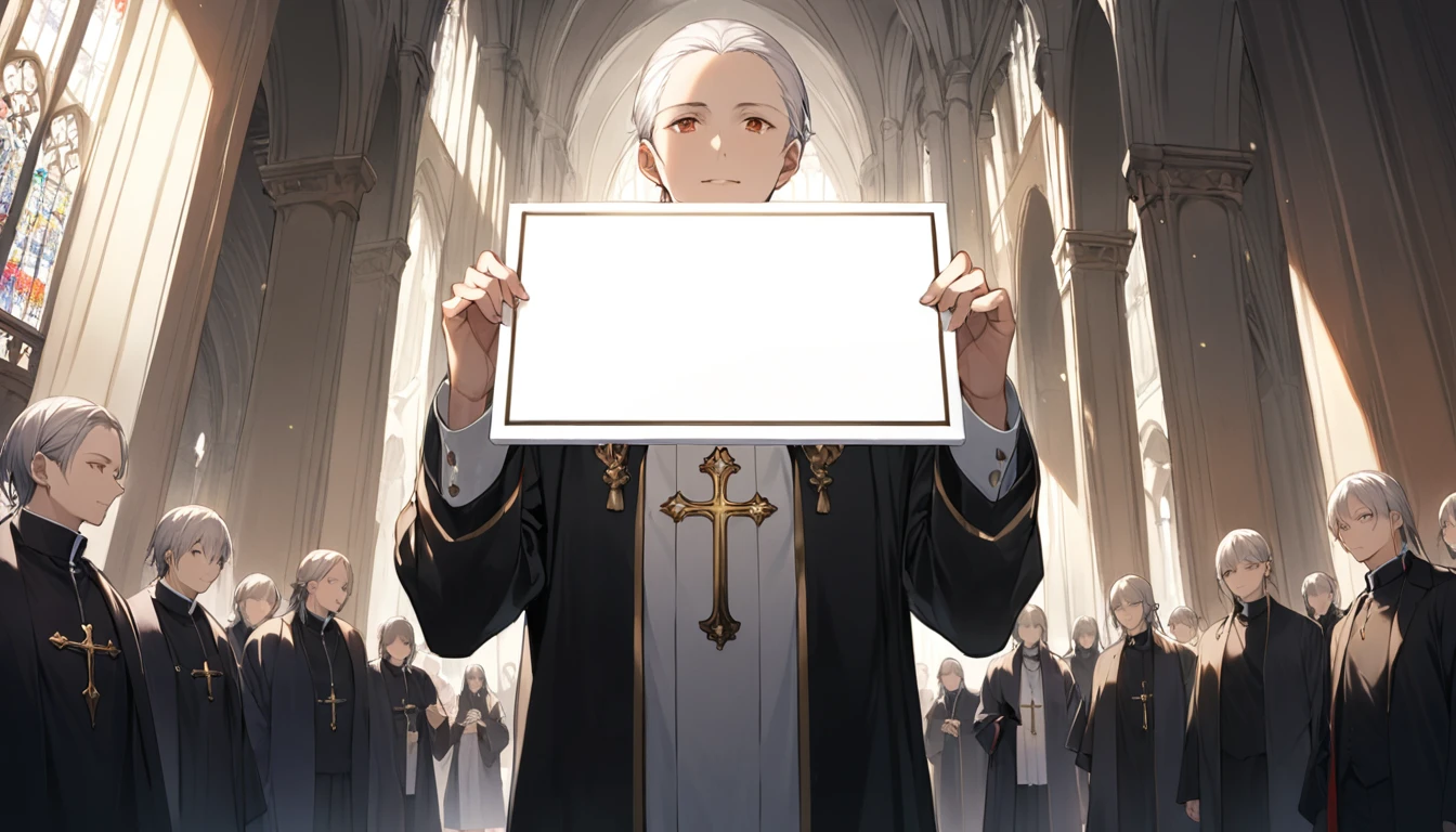 clergyman、Holding a white sign