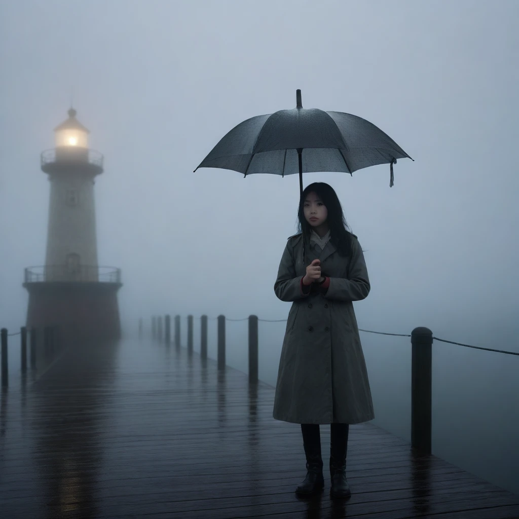 0 age 1 Korean girl, solo, rain, Fog, cold, boring, , pier, only, lighthouse, Coast, The dim light shines in the Fog,and the figure stands in the Fog holding an umbrella, (명암대rain, cinematic lighting, shadow, film grain, anatomically correct, accurate, Awards, mackerel, 8K) realistic photo
