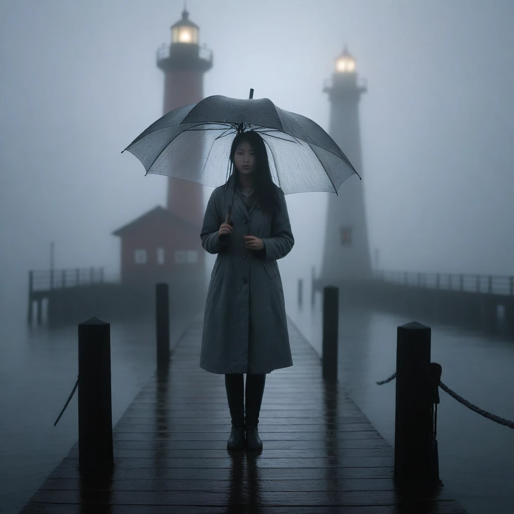 0 teenage 1 Korean girl, solo, rain, Fog, cold, boring, , pier, only, lighthouse, Coast, The dim light shines in the Fog,and the figure stands in the Fog holding an umbrella, (명암대rain, cinematic lighting, shadow, film grain, anatomically correct, accurate, Awards, mackerel, 8K) realistic photo